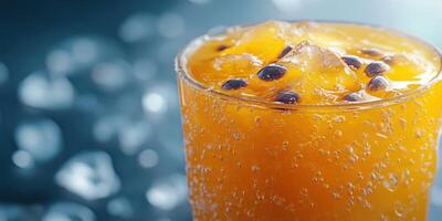 Refreshing citrus beverage with ice and bubbles captured in a close-up view for a summer vibe photo