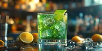 Refreshing cocktail with lime and mint served in a glass on a bar counter photo