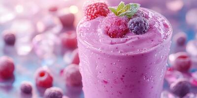 Delicious raspberry smoothie topped with fresh berries in a vibrant setting photo