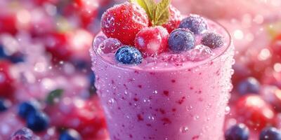 Delicious berry smoothie with fresh strawberries and blueberries served in a chilled glass on a vibrant table photo