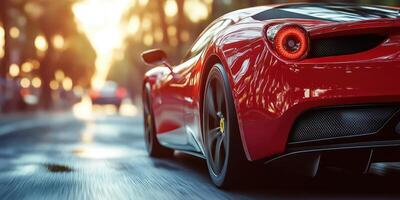 Red sports car driving along a sunlit urban street with blurred background photo