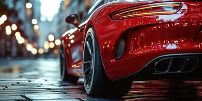 Sleek red sports car parked on a wet cobblestone street illuminated by city lights at dusk photo