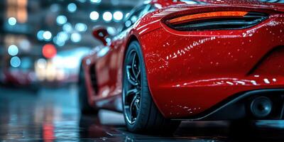 Sleek red sports car shines under bright lights in a modern showroom during an evening event photo