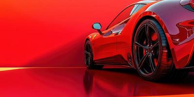 Sleek red sports car parked against a vibrant red backdrop in a modern setting showcasing its design details and curves photo