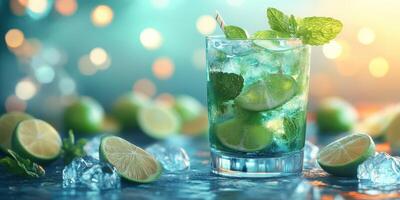 Refreshing mojito cocktail garnished with fresh mint and lime in vibrant setting photo