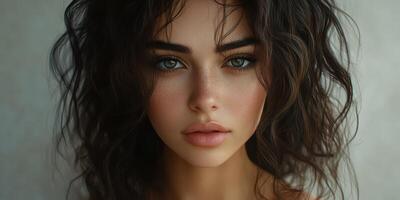 Captivating portrait of a young woman with curly hair and striking eyes in a soft, neutral setting photo