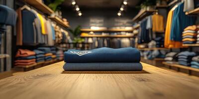 Stylish folded clothing displayed on a wooden table in a retail store surrounded by colorful apparel photo