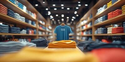 Colorful t-shirts stacked neatly in a retail store with shelves filled with various styles and colors photo