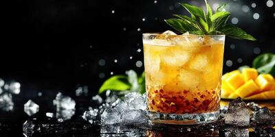 Refreshing cocktail with tropical fruits and ice on a dark backdrop during a summer evening gathering photo