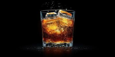 Refreshing beverage with ice cubes in a glass against a black background showcasing bubbles photo