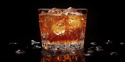 Refreshing drink with ice cubes in a glass served on a dark reflective surface at a home bar setting photo