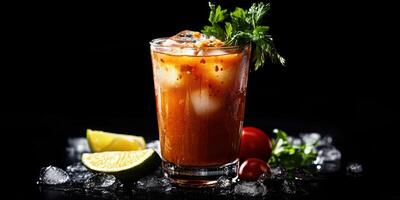 Refreshing cocktail with spices, ice, lime, and tomatoes garnished with herbs in a dark setting photo