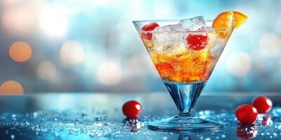 Colorful cocktail served in a elegant glass garnished with cherries and an orange slice on a relaxed evening setting photo