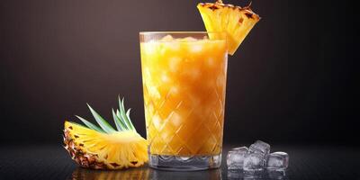 Refreshing pineapple cocktail garnished with a slice on the rim in a dimly lit setting photo