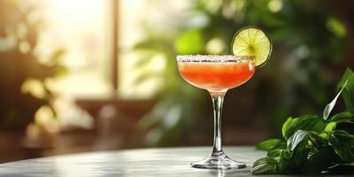 Fresh cocktail with lime slice on a marble table in a bright bar during happy hour photo