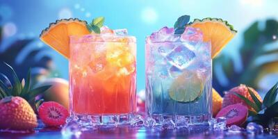 Refreshing tropical cocktails served with fresh fruits at a vibrant beachside location during sunset photo