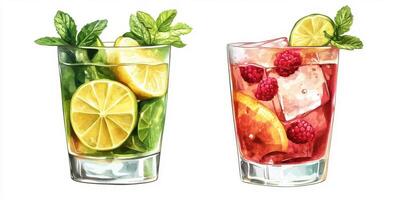 Refreshing beverages with mint and citrus in summer setting photo