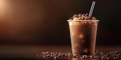 Refreshing iced coffee with whipped cream and chocolate topping in a cozy setting photo