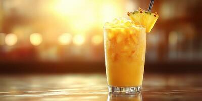 Refreshing tropical drink with pineapple garnish served in bright sunlight at a vibrant location photo