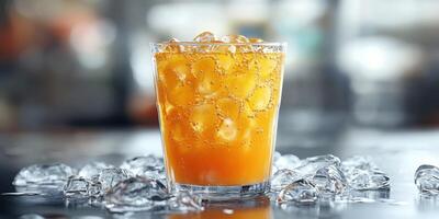 Refreshing orange soda with ice in a glass on a countertop photo