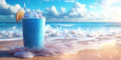 Refreshingly bright blue drink with lemon slice on sandy beach alongside ocean waves under a clear sky photo