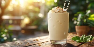 Refreshing creamy beverage in a glass with garnish in a warm outdoor setting during golden hour photo