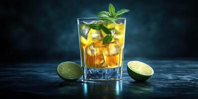 Refreshing summer cocktail served in a glass with ice and mint leaves on a dark background photo