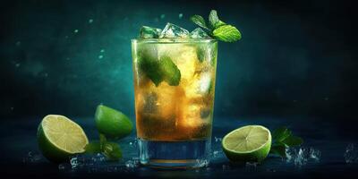 Refreshing cocktail garnished with mint and lime on a dark background in a cool setting photo