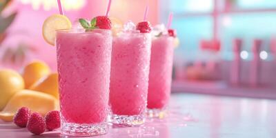 Refreshing pink drinks with raspberries and lemon in a vibrant setting near a bright counter filled with fruits photo