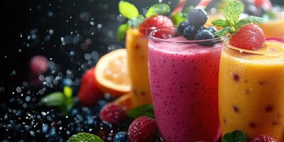 Refreshing fruit smoothies served in clear glasses with vibrant berries and mint leaves on a dark background photo