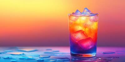 Colorful cocktail with ice cubes illuminated by sunset colors at a beach bar photo