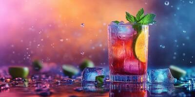 Refreshing cocktail with ice and mint on vibrant background during a summer evening photo