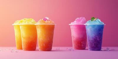 Colorful frozen drinks in clear cups arranged on a vibrant background during bright daylight photo