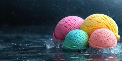 Colorful ice cream scoops on ice reflecting light in a chilled environment creating a refreshing, summer vibe photo