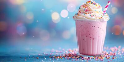 Delicious milkshake topped with whipped cream and colorful sprinkles served in a clear glass photo