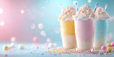Colorful milkshakes with whipped cream and sprinkles on a bright blue background photo