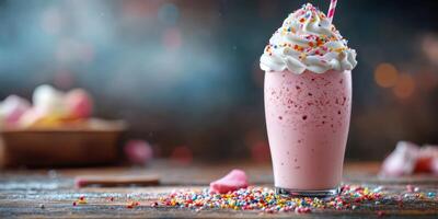 Colorful milkshake topped with whipped cream and sprinkles, sitting on a rustic wooden table in a cheerful environment photo