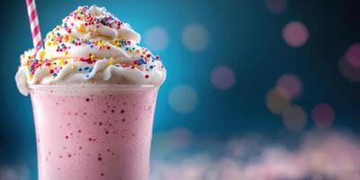 Delicious pink milkshake topped with whipped cream and colorful sprinkles in a bright setting photo