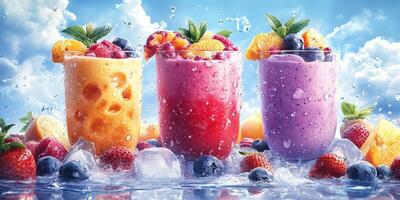 Colorful fruit smoothies served with ice and berries against a bright blue sky backdrop photo