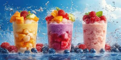Refreshing fruit smoothies in colorful cups on a sunny day near a splashing water backdrop photo