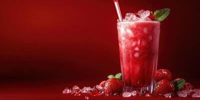 Refreshing raspberry drink garnished with fresh mint and surrounded by ice and berries photo