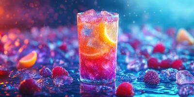 Colorful drink garnished with citrus and berries on a table with ice cubes at a summer gathering photo