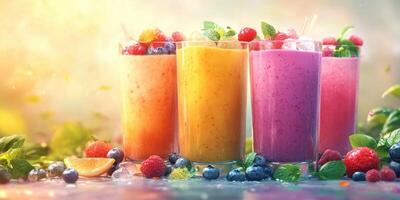 Colorful fruit smoothies arranged on a table, filled with fresh berries and tropical fruits, celebrating a vibrant summer afternoon photo
