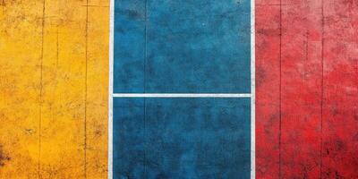 Colorful concrete texture with red, blue, and yellow sections in a geometric pattern near an outdoor sports facility photo