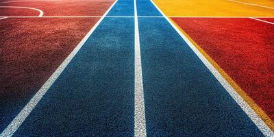 Colorful athletic track with distinct lanes for running and sports activities during the daytime photo