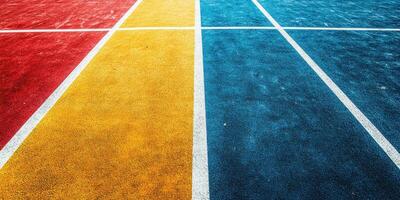 Colorful athletic track surface showing lanes in vibrant red, yellow, and blue shades under bright sunlight during daytime photo