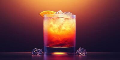 Warm summer evening drink with ice and orange garnish on wooden table photo