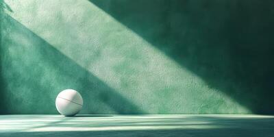 Soft light casts long shadows on a textured green wall with a white ball resting on the floor photo