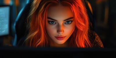 Young woman with bright red hair focused on computer screen in a dimly lit room during night photo