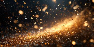 Golden particles swirl through the air, creating a shimmering effect in a dark environment during a festive celebration photo